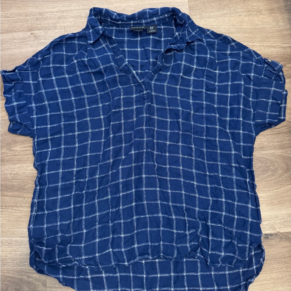 Tahari Navy Plaid Linen Shirt